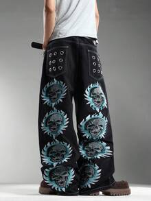 男士美式街頭復古刺繡黑色牛仔褲，寬鬆大腿褲管，四季百搭休閒長褲（不含腰帶與配件） - 黑色 - 查看 5