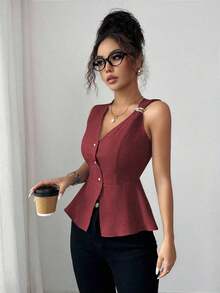 Nueva llegada Blusa de verano minimalista y elegante para mujer con diseño de hebilla de metal, cuello en V sin mangas y cintura ceñida a rayas de algodón cómodo - Burdeos - Ver 3