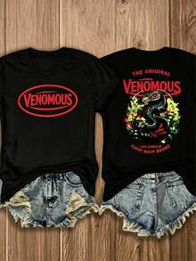 Double Sided Graphic Women's T-Shirt, Red Venomous Snake Floral Print, Classic Americana 100% Cotton Unisex Tee, Casual Everyday Summer Top - 黑色 - 查看 10