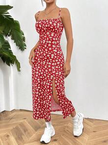 Vestido de playa para mujer con tirantes spaghetti y divisiones de tejido de punto impreso - Rojo - Ver 1