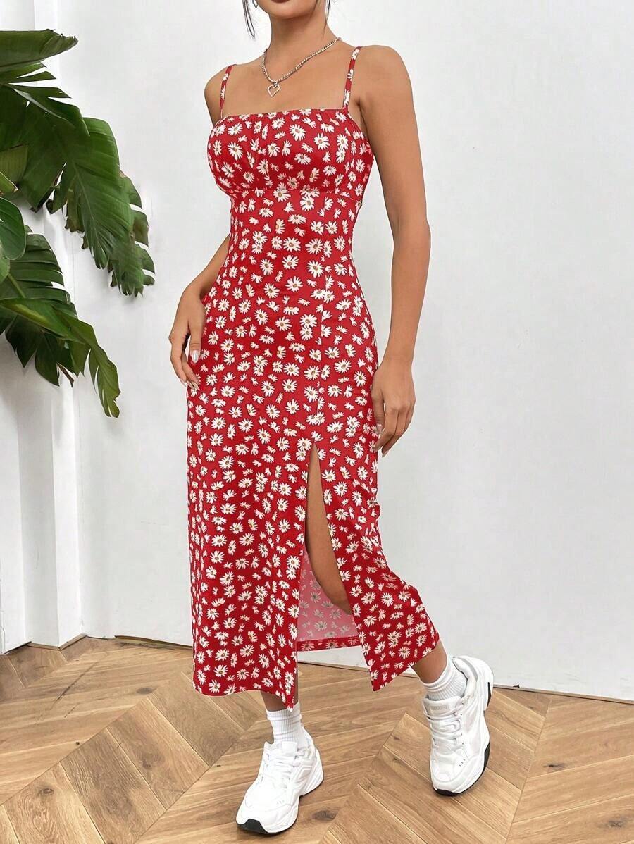 Vestido de playa para mujer con tirantes spaghetti y divisiones de tejido de punto impreso - Rojo - Ver 1