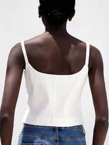 Camiseta sin mangas de cuello en U ajustada y elegante para mujeres, adecuada para ir al trabajo - Blanco 2 - Ver 2