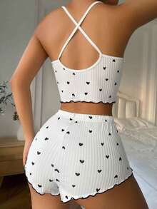 pijama / Pijama con estampado de corazón, ribete contrastante y lazo delantero - Blanco 2 - Ver 2