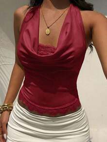 Nuevo Camisol de Mujer con Cuello Halter, Espalda Descubierta y Tirantes con Lazo, Diseño de Encaje y Parches, Adecuado para Vacaciones y Playa - Burdeos - Ver 4