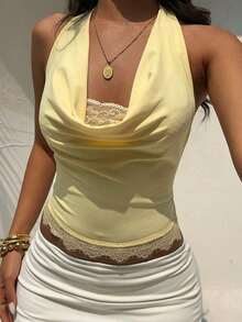 Nuevo Camisol de Mujer con Cuello Halter, Espalda Descubierta y Tirantes con Lazo, Diseño de Encaje y Parches, Adecuado para Vacaciones y Playa - Amarillo - Ver 5