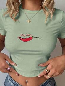 Tee-shirt court ajusté à col rond et manches courtes, tee-shirt de base sexy américain Y2K dévoilant le ventre, décontracté pour l'été - Vert - Voir 1