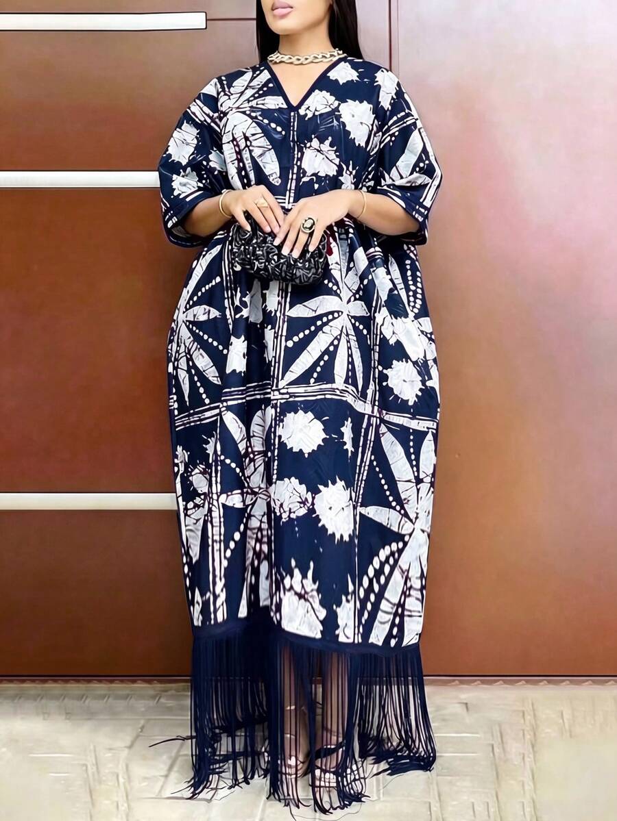 Spring Summer Autumn New Arrival V-Neck Loose Tassel Print Dress - Navy - View 1