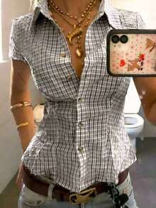 Camisa ajustada de mujer con cuello polo y manga corta - Blanco y Negro - Ver 1