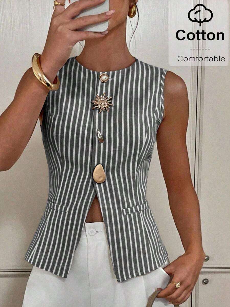 Top de tirantes con botones frontales a rayas, de estilo casual y para ir al trabajo, para mujer, para el verano - Blanco y Negro - Ver 1
