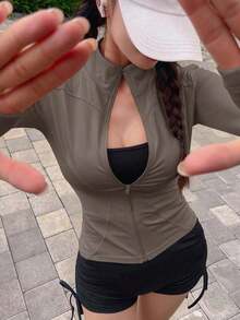 Chaqueta de manga larga de cuello alto elástico de unicolor entallada, ropa deportiva y casual, primavera/otoño - Marrón Mocha - Ver 4