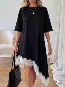 Vestido de talla media de manga corta con bajo asimétrico, de uso diario, de vacaciones y casual, de unicolor con parches de encaje, de moda básica para mujeres - Blanco y Negro - Ver 1