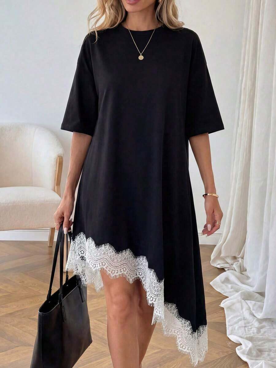 Vestido de talla media de manga corta con bajo asimétrico, de uso diario, de vacaciones y casual, de unicolor con parches de encaje, de moda básica para mujeres - Blanco y Negro - Ver 1
