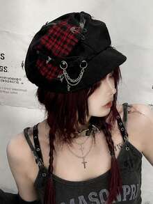 Y2K Punk Plaid Beret Hat, Gothic Cross Chain Decor Soft Brim Newsboy Cap, Grunge Streetwear Accessory For Women - Multicolor - View 2