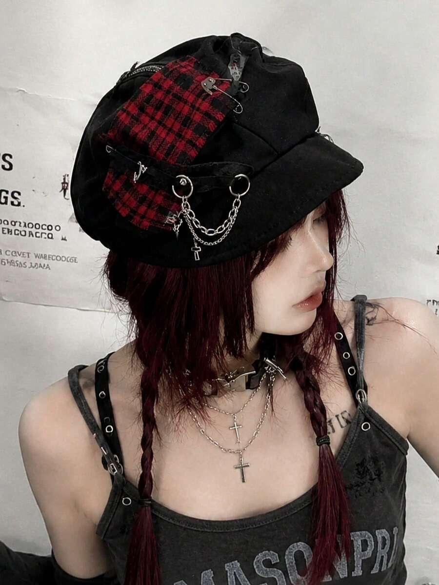 Y2K Punk Plaid Beret Hat, Gothic Cross Chain Decor Soft Brim Newsboy Cap, Grunge Streetwear Accessory For Women