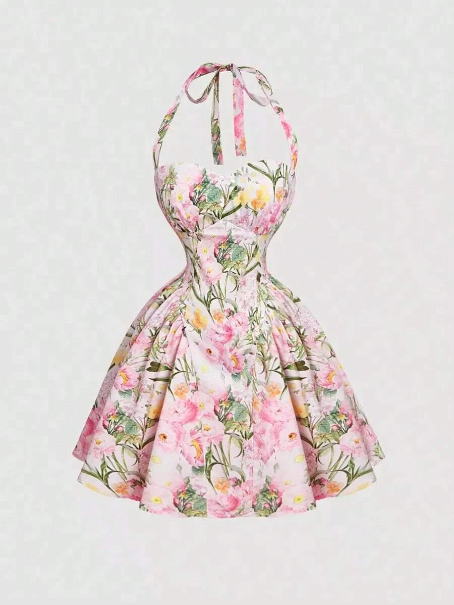 de mujer con estampado floral romántico de cuello halter - Multicolor - Ver 1