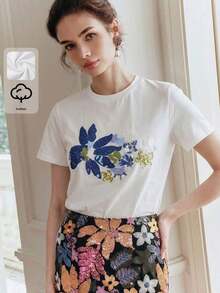 1 Piece Of Elegant Women's T-Shirt, 94% Cotton, Minimalist, Casual For Everyday Wear, Short Sleeve, Round Neck, Adorned With Sequin Embroidery, Black Color, 180g, 100% Cotton. - 白色 - 查看 7
