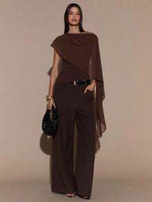 Blusa de punto con cuello anudado y hombro asimétrico, suéter elegante y ajustado, otoño/invierno - Marrón - Ver 4