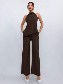Conjunto de top halter y pantalones de color café claro, estilo sencillo para ir al trabajo - Marrón - Ver 5