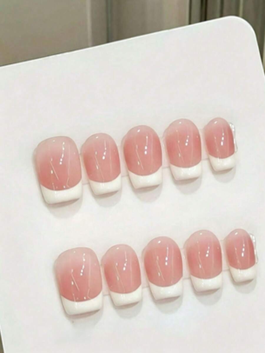 10 miếng dán móng tay vẽ tay họa tiết ombre hồng cổ điển viền trắng, đơn giản, cao cấp, phù hợp cho mọi mùa, sử dụng hàng ngày, hình thang ngắn, thích hợp cho phụ nữ và bé gái đeo móng giả, đồ sưu tầm DIY móng tay, có thể dùng làm quà tặng, miếng dán móng tay, nghệ thuật làm móng. - Màu Hồng baby - Xem 1