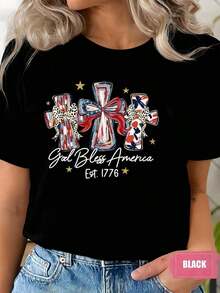 Women's T-Shirt With Patriotic Cross And Star Print "God Bless America Est. 1776" Round Neck And Short Sleeves For Casual Wear On Independence Day, Made Of Comfortable Fabric And Suitable For Gifting, 220g - 黑色 - 查看 5
