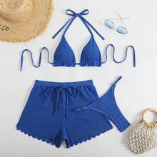Conjunto de bikini sexy de tres piezas, traje de baño de tela especial para mujer, ropa de playa de color sólido, traje de baño para vacaciones. - Negro - Ver 3