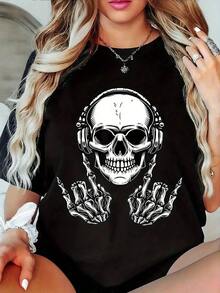 100% Cotton Women's Casual T-Shirt With Graphic Print - Skull And Headphones Design, Stretch Fabric, Round Neck Short Sleeve For Spring/Summer, Machine Washable, Comfortable Fit, Casual Wear, Bold Fashion, Lightweight Stretch - 黑色 - 查看 7
