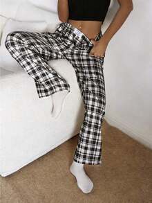 Pantalones de estar por casa rectos de cintura elástica con estampado de cuadros para mujer, para invierno - Blanco y Negro - Ver 4