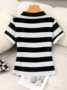 Blusa casual de mujer con cuello polo a rayas y manga corta - Blanco y Negro 2 - Ver 2