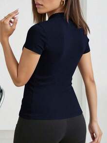 Camiseta casual de mujer de manga corta con cuello mao y unicolor, para verano - Azul marino - Ver 2