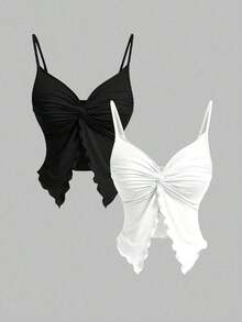 4 piezas Tops de mujer con frente retorcido y cruzado - Blanco y Negro - Ver 9