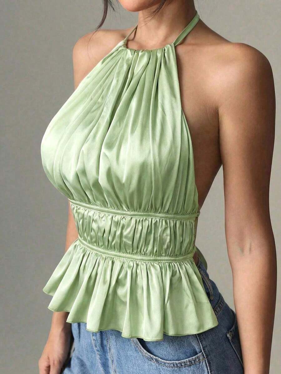 Camiseta sin mangas de satén con pliegues, cuello de halter y espalda descubierta, unicolor, de uso casual para mujer - Verde - Ver 1