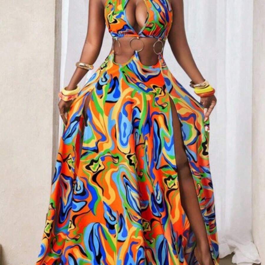 BamGlam Women's Colorful Sunset Print Maxi Dress - Multicolor - Ver 1