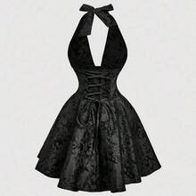 MOD Women's Apricot Mini Dress With Bowknot Design,Ivory White Halter Mini Dress Wedding Guest Party, Jacquard Lace Fabric, Old Money Style, Sleeveless Fit And Flare Dress, Elegant Bridal Shower Dress For Cocktail Party, Engagement, Reception, Holiday Gathering, Formal Summer Event - Negro - Ver 7
