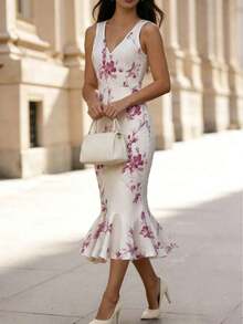 Vestido ajustado de cola de pez con cuello en V profundo y sin mangas con estampado floral rosa para mujer - Beis - Ver 3