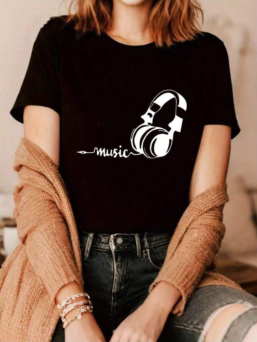Camiseta Casual para Mujer con Diseño de Auriculares de Música - Blanca, Manga Corta, Cuello Redondo, Corte Holgado, Lavable a Máquina, Diseño Cómodo y Elegante, Camisetas de Música Adecuadas para primavera, verano y otoño - Negro - Ver 1