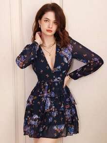 Vestido de manga larga con estampado aleatorio de moda para mujer, conjunto de ropa de vacaciones - Azul marino - Ver 1