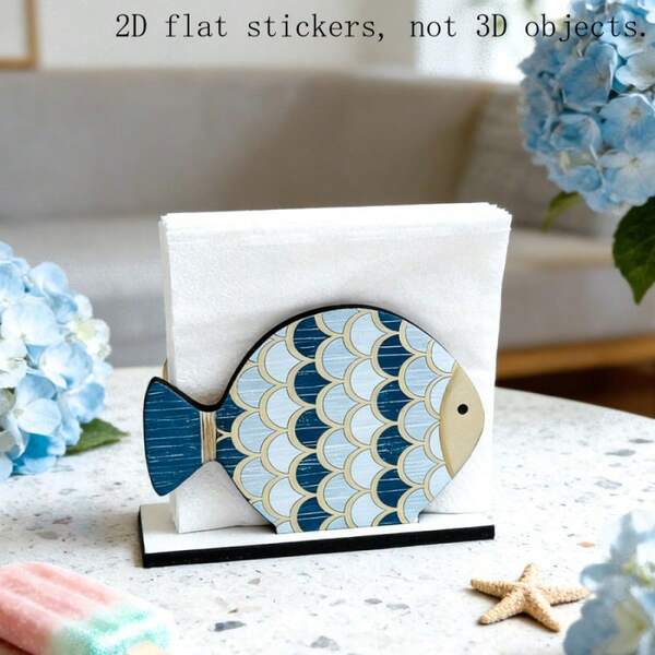 1 pieza Decoración de barco de vela y pez payaso de verano, Soporte de papel higiénico de madera 2D con tema oceánico/de playa, Dispensador de papel higiénico creativo, Decoración para el hogar/mesa de comedor