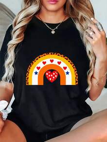 Ropa de mujer de talla grande con cuello redondo, camiseta con estampado de arcoíris y corazones en negro - Colores rosa suave, naranja, amarillo, azul, rojo y morado, con un colorido patrón geométrico de arcoíris y corazones, corte regular, cuello redondo, manga corta, adecuada para el Día de San Valentín, uso de verano y ropa casual diaria - Lavable a máquina, camiseta para todas las estaciones, divertida y elegante, tela ligera, construcción duradera, estilo adulto Blusas Para Mujer Casual. - Negro - Ver 6