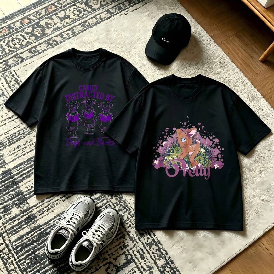 2-Piece Couple Matching Pattern T-Shirt, 100% Cotton, Loose Fit, Soft And Breathable, Casual Round Neck Short Sleeved Top Easily Distracted By Dogs And Books Cute Dog With Book And Flower Versatile Patterns No Picky Combinations Coordinated Dating Casual Travel Simple And Cartoonish Printing - 黑色 - 查看 1
