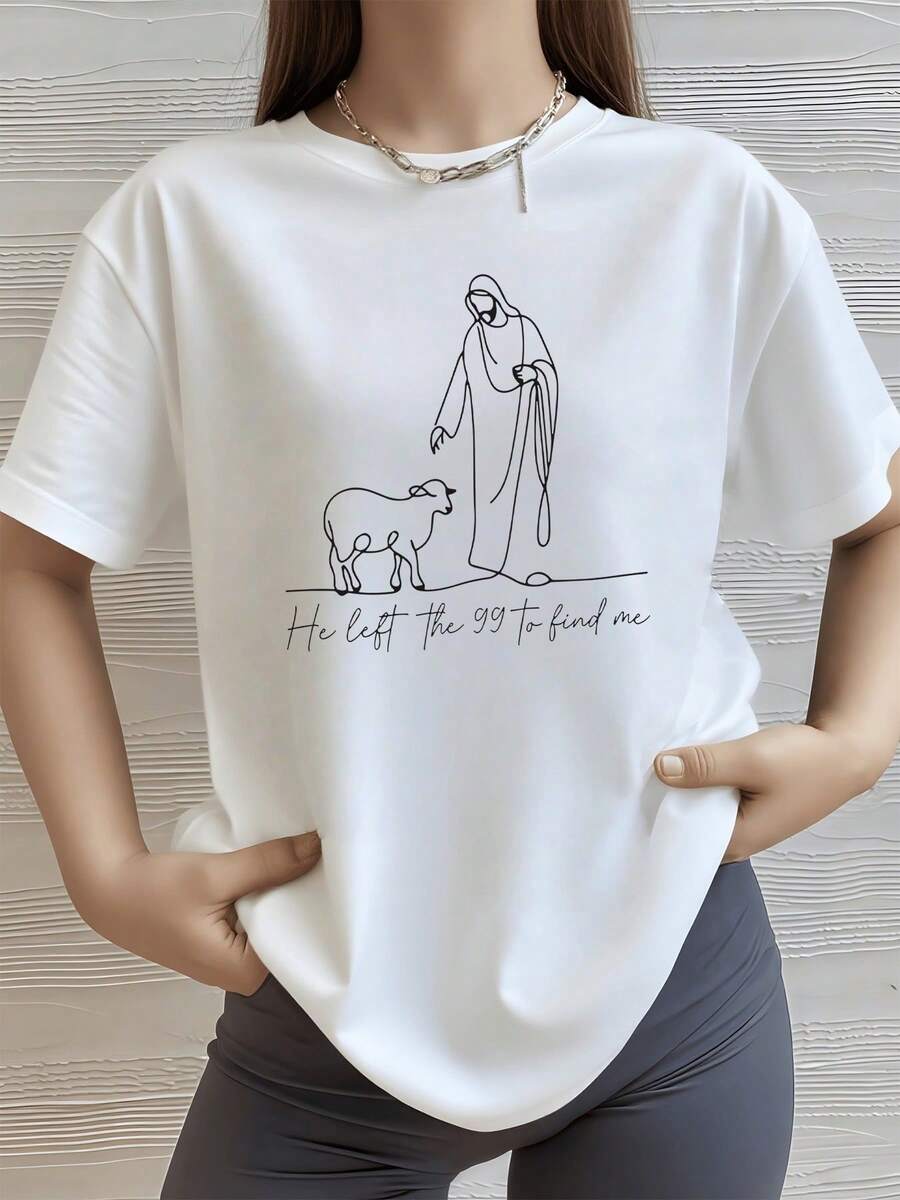 Figura de un pastor que se inclina con ternura hacia una oveja perdida simbolizando compasión guía espiritual y esperanza camiseta de mujer casual elegante cómoda para uso diario - Blanco - Ver 1