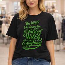 Women's Plus Size Halloween Witch Print Cotton T-Shirt, Casual Loose Fit Short Sleeve, "The West?" Oh, Darling, I'm The Wicked Witch Of Them All! Printed Top, Sizes M-5XL, Soft And Comfortable For Everyday Wear, Green, Suitable For Spring, Summer And Autumn - 黑色 - 查看 7