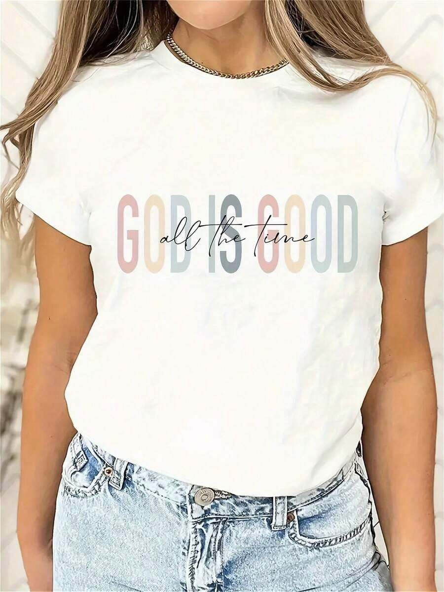 1 Piece [Letter Print Short Sleeve T-Shirt] Women's Casual Short Sleeve T-Shirt With Round Neck And Letter Print GOD IS GOOD ALTIJD180g 100% Cotton - 白色 - 查看 1