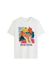 Camiseta Oversize para Mujer con Estética Y2K y Gráfico Abstracto "MATISSE", Estilo Casual Urbano, Manga Corta, Cuello Redondo, Estampado Artístico Vintage Retro, para Uso Diario de Verano, Citas para Beber Café, Salidas a Galerías, Fiestas, Moda Vacacional para Adolescentes, Camiseta Gráfica Holgada y Moderna para Mujeres Jóvenes y Amantes del Arte. JWVD - Blanco - Ver 1