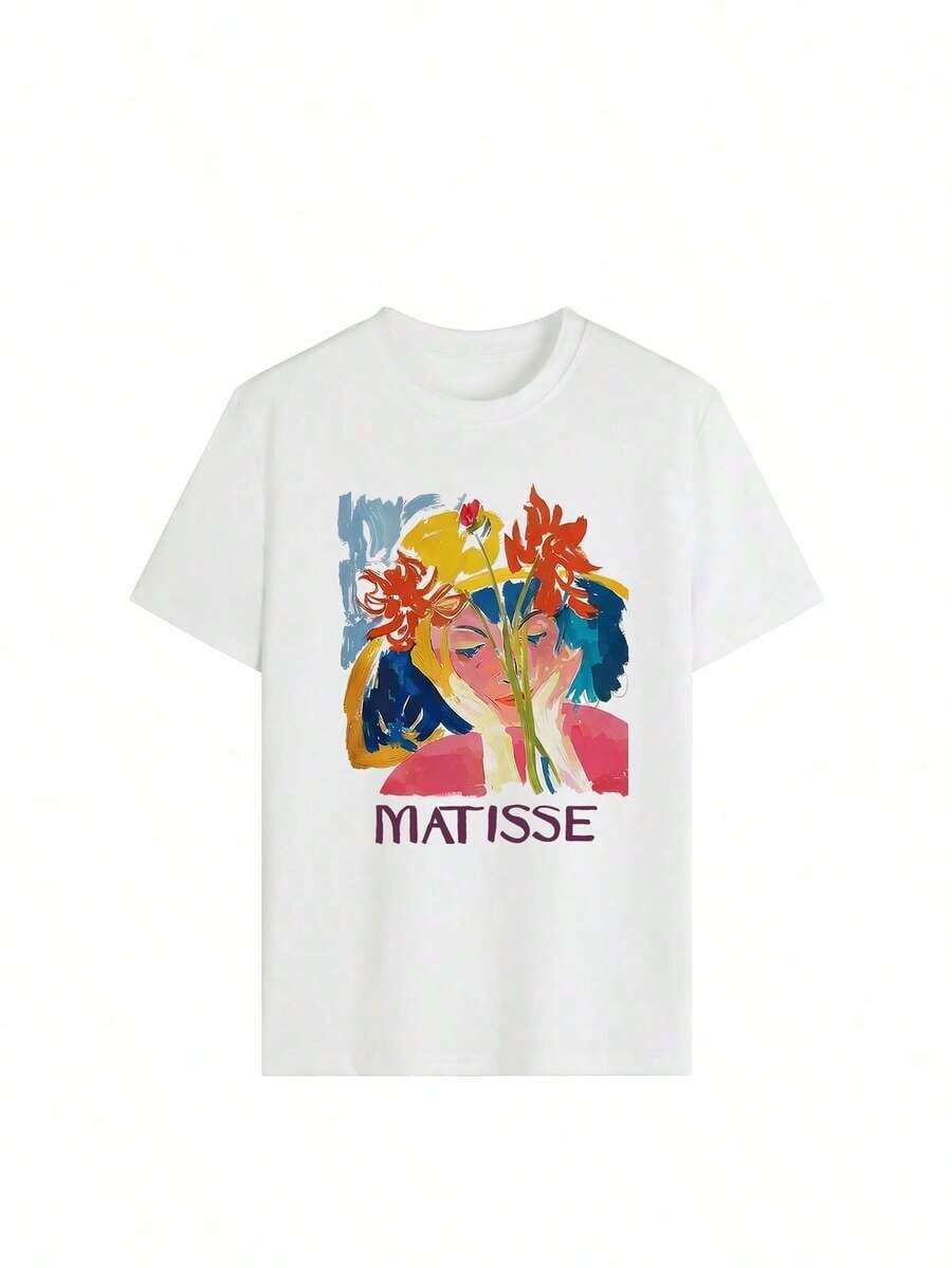 Camiseta Oversize para Mujer con Estética Y2K y Gráfico Abstracto "MATISSE", Estilo Casual Urbano, Manga Corta, Cuello Redondo, Estampado Artístico Vintage Retro, para Uso Diario de Verano, Citas para Beber Café, Salidas a Galerías, Fiestas, Moda Vacacional para Adolescentes, Camiseta Gráfica Holgada y Moderna para Mujeres Jóvenes y Amantes del Arte. JWVD - Blanco - Ver 1