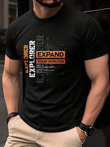 Camiseta de algodón  Hombre, Manga Corta de Verano, Top Delgado, Moda Moderna Ajuste Slim Cuello Redondo Transpirable,  Diario y Versátil, Estampado de Brújula y Letras, Estilo Elegante Único y Divertido RJ12 - Negro - Ver 7