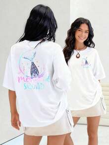 Acuarela de cola de sirena con escamas de colores camiseta para mujer y diseño moderno 100% algodón perfecta para un look relajado que evoca la magia del océano.Suitable for spring, summer and autumn - Blanco - Ver 1
