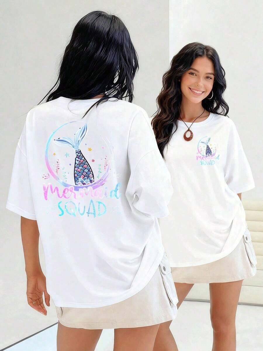 Acuarela de cola de sirena con escamas de colores camiseta para mujer y diseño moderno 100% algodón perfecta para un look relajado que evoca la magia del océano.Suitable for spring, summer and autumn - Blanco - Ver 1