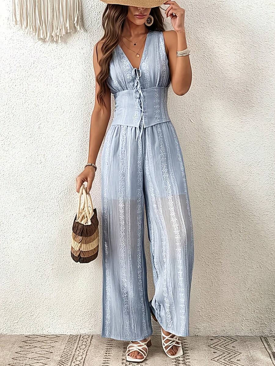 Conjunto dos piezas chaleco sin mangas pantalones anchos elegante - azul claro - Ver 1