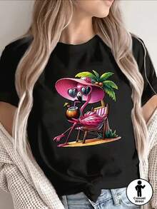 Camiseta de manga corta de poliéster con diseño de flamencos rosados en la playa, ligera y duradera, perfecta para uso casual en casa o en un restaurante, ajuste cómodo para uso diario. - Negro - Ver 2