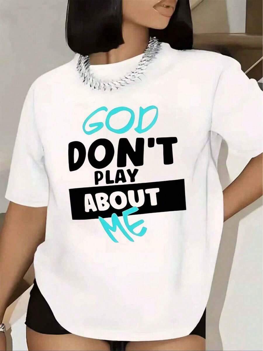Nueva camiseta de mujer con estampado "Dios, no bajes de broma conmigo", estilo casual de manga corta y cuello redondo, 180 gramos - Camiseta unisex de estilo callejero vintage, holgada, de manga corta y cuello redondo, de puro algodón. - Blanco - Ver 1